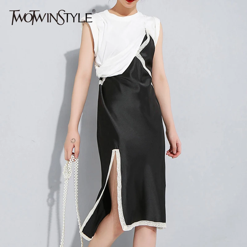 TWOTWINSTYLE Patchwork Dress For Women Short Sleeve Irregular Split Spaghetti Strap Midi Dresses Summer Fashion Sweet Clothing
TWOTWINSTYLE Patchwork Dress For Women Short Sleeve Irregular Split Spaghetti Strap Midi Dresses Summer Fashion Sweet Clothing
