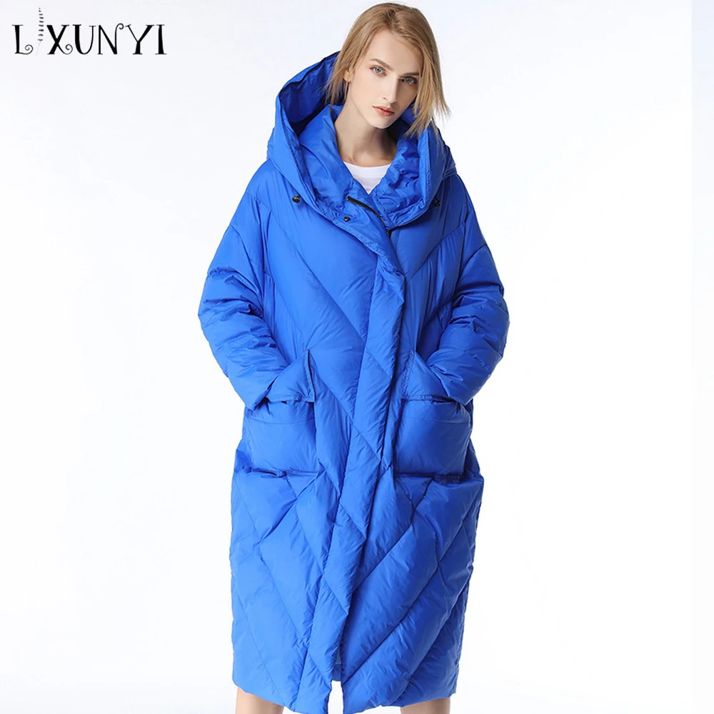 LXUNYI New Thicken Winter Coat Women Long Zipper Hooded Jackets And Coats Long Sleeve Big Pockets Calf Cocoon Coat Female Blue
LXUNYI New Thicken Winter Coat Women Long Zipper Hooded Jackets And Coats Long Sleeve Big Pockets Calf Cocoon Coat Female Blue