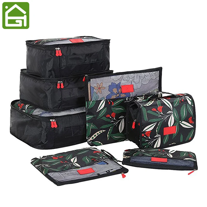 

7pcs Floral Pattern Travel Storage Bag Set Luggage Suitcase Packing Organizer Cubes Laundry Shoe Pouch with Toiletry Bag