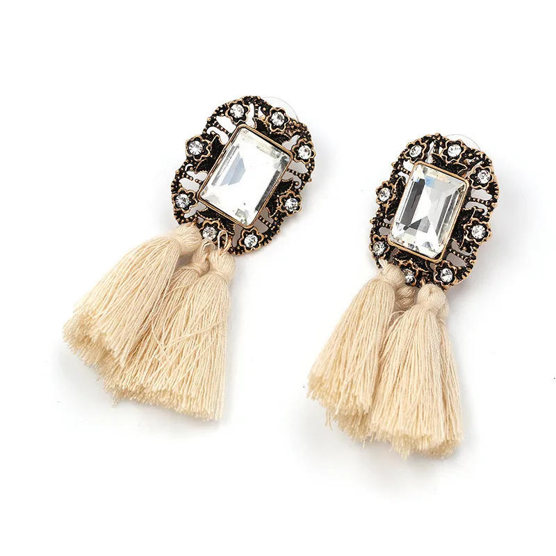 16 Colors, Crystal Square Tassel Stud Fringe Earrings