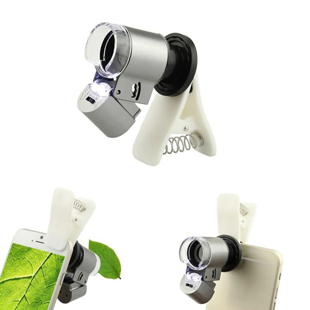 60x Phone smart Microscope Clip Loupe Jeweler Magnifier LED Light Glass Smart