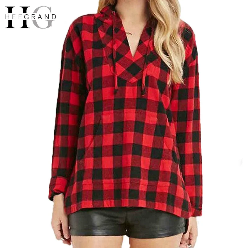 HEE GRAND 2018 Girls Blouses Spring Autumn Two Pockets Casual Loose Hoodies Red Black Plaid Shirts Women Blusas Feminina WCL1538 |