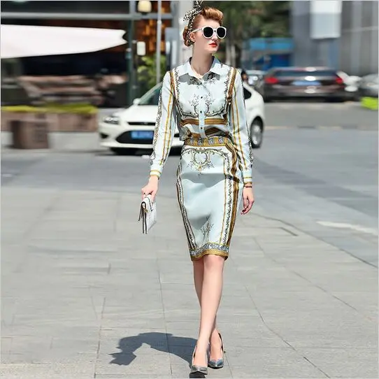2016 Runway Designer Set Suits Women's High Quality Long Sleeve Turn Down Collar Gold Abstract Printed Blouses + Pencil Skirt 20
2016 Runway Designer Set Suits Women's High Quality Long Sleeve Turn Down Collar Gold Abstract Printed Blouses + Pencil Skirt 20