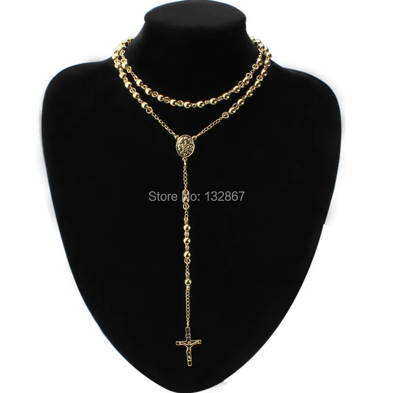 Фото Модное Золотистое Ожерелье из нержавеющей стали с крестом Иисуса и розам 6 мм для