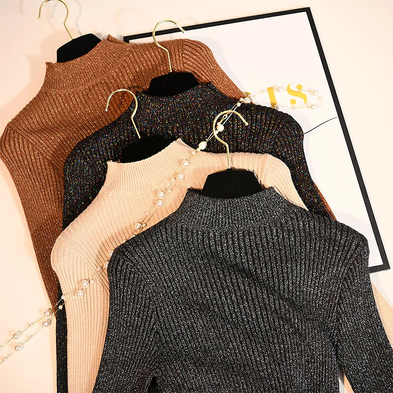 Cakucool Shiny Lurex Autumn Sweater Women Turtleneck Korean Long Sleeve Slim Knit Pullover Silver Bodycon Basic Top Shirt Female
Cakucool Shiny Lurex Autumn Sweater Women Turtleneck Korean Long Sleeve Slim Knit Pullover Silver Bodycon Basic Top Shirt Female