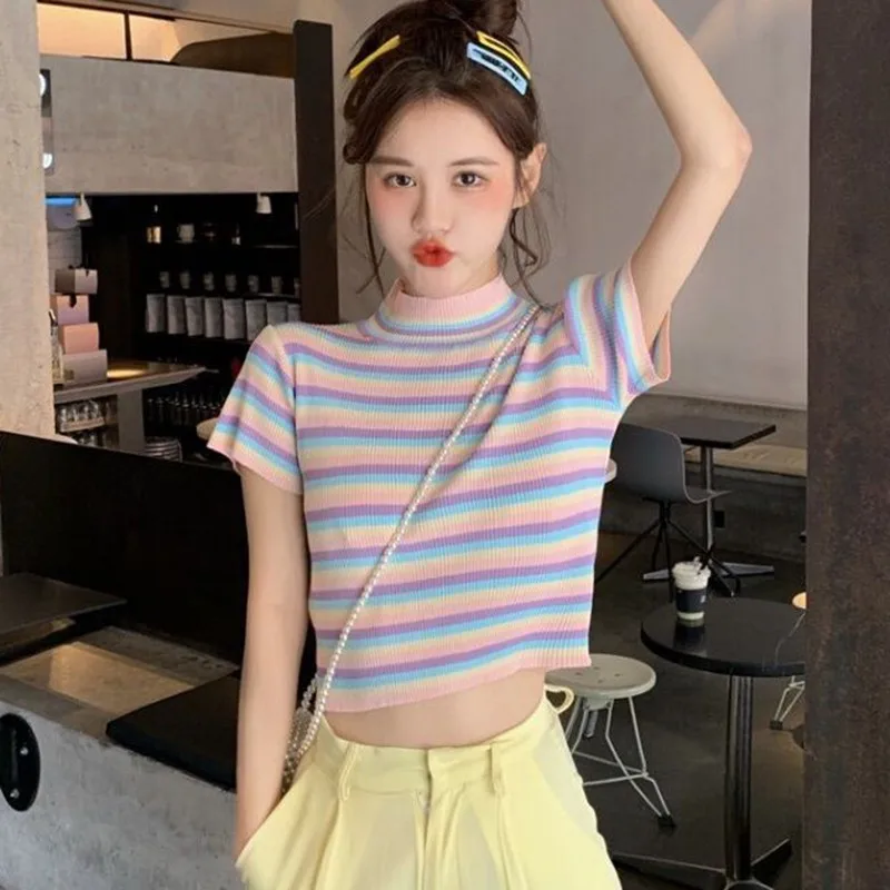 Summer Women's Cute Contrast Stripe Short Knit Short Sleeve Thin Small Turtleneck Turtleneck Short Sleeve T-Shirt
Summer Women's Cute Contrast Stripe Short Knit Short Sleeve Thin Small Turtleneck Turtleneck Short Sleeve T-Shirt