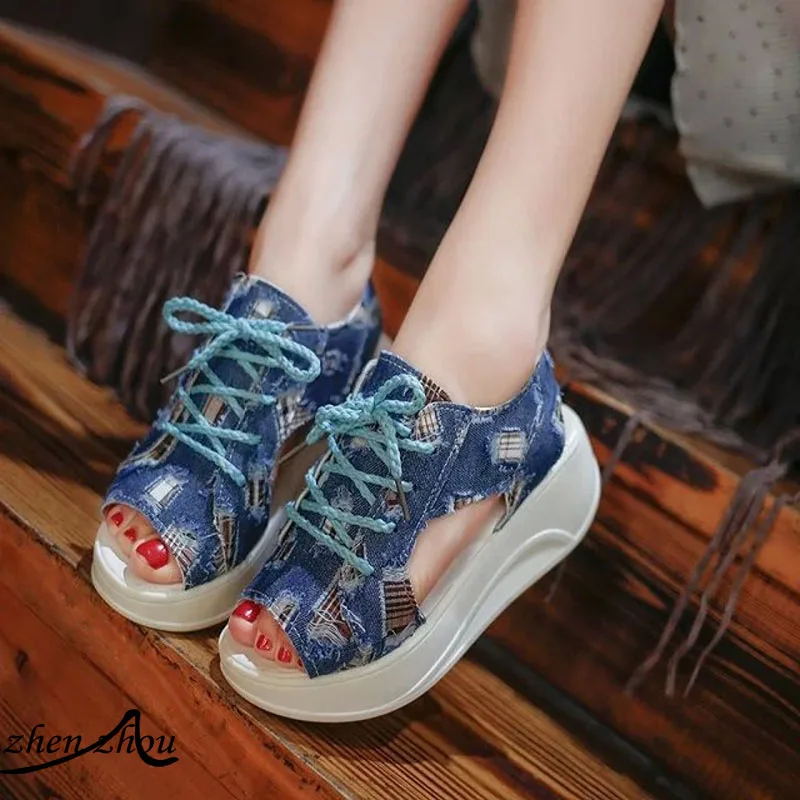 2019 free shipping fWomen's shoes and sandals denim cloth with soft cake wedges canvas sanding shoes