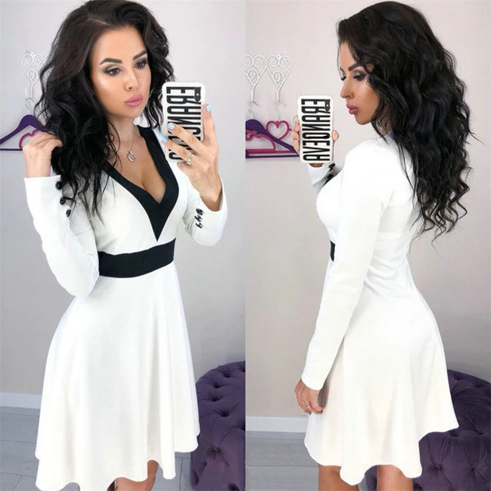 Women Spring Autumn Dress Sexy V-Neck Patchwork Dress Elegant Ladies Office Dress Button Style Long Sleeve Splicing Slim Dress
Women Spring Autumn Dress Sexy V-Neck Patchwork Dress Elegant Ladies Office Dress Button Style Long Sleeve Splicing Slim Dress