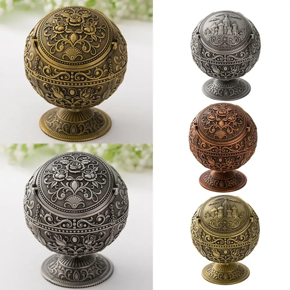 Vintage Portable Metal Globe Shape Hand Stamped Rose Castle Ashtray with Lid Ashtrays
Vintage Portable Metal Globe Shape Hand Stamped Rose Castle Ashtray with Lid Ashtrays