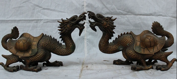 JP S0608 11" Folk Chinese Bronze Copper Wealth Longevity Beast Dragon Turtle Statue Pair