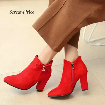 Faux Suede Sweet Bow Knot With Side Zipper Ankle Boots Fashion Pointed Toe Thick High Heel Women Shoes Black Blue Red
Faux Suede Sweet Bow Knot With Side Zipper Ankle Boots Fashion Pointed Toe Thick High Heel Women Shoes Black Blue Red