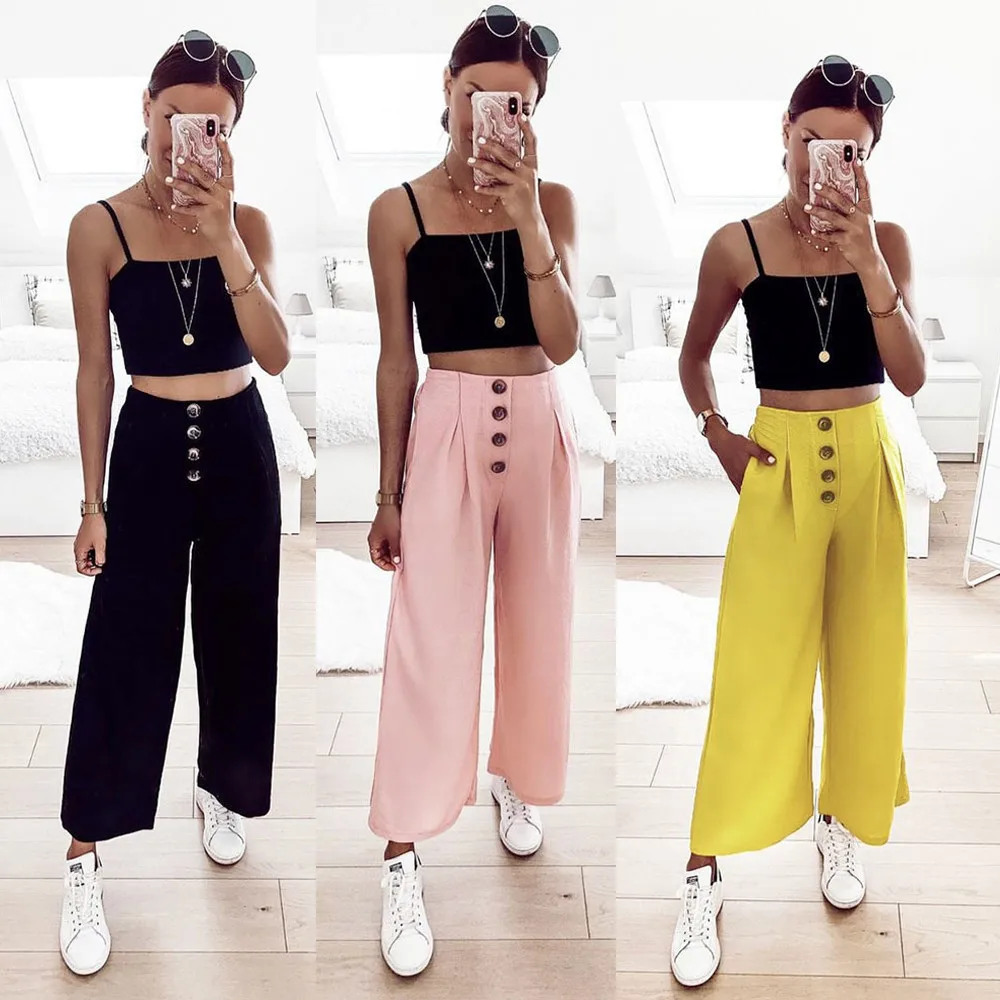 

Fashion Women's Palazzo Flared Wide Leg Pants Plus Size Summer High Waist Loose Pants Culottes Long Trousers Korean Style Women