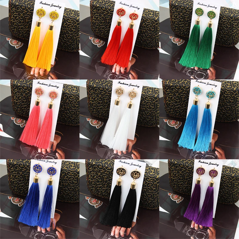 Women's Tassel Crystal lotus Long Dangle Earrings For Female Bohemia Red Yellow Blue Silk Fabric Drop Earring 2019 Boho Jewelry
Women's Tassel Crystal lotus Long Dangle Earrings For Female Bohemia Red Yellow Blue Silk Fabric Drop Earring 2019 Boho Jewelry