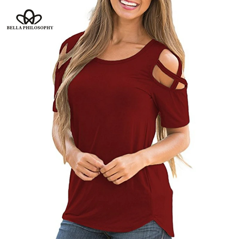 Wonder 2019 new Spring Summer Women Summer Short Sleeve Strappy Cold Shoulder T-Shirt Tops O-neck Top Tees Feminina S-XXL