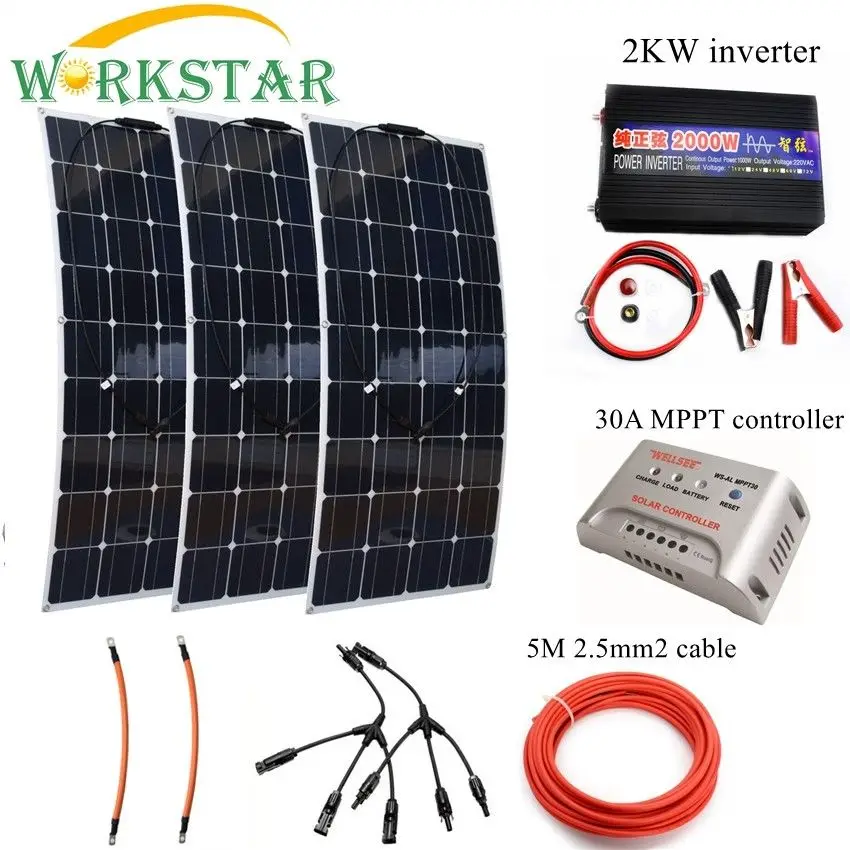 

300W Solar System Kit for Beginner 3*100w Flexible Solar Panel Modules with 2000w Inverter and MPPT 30A Controller