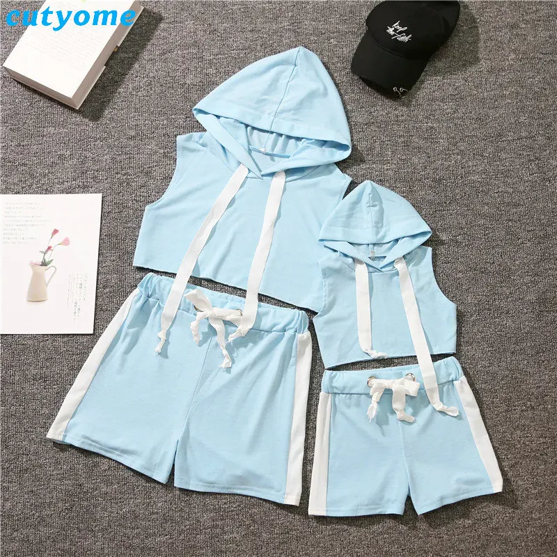 Mommy And Me Summer Sport Mathing Clothing Set Sleeveless Hooded tshirt+Cotton Skirt For Family Mother Daughter Clothes Outfits (53)
