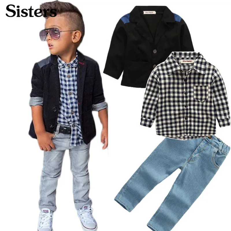 3pcs Kids Baby Boys Black Coat+Plaids Shirt+Denim Pants Gentleman Suit Clothes