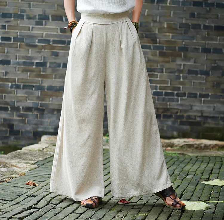 LZJN 2019 Spring Summer Culottes Pants Vintage Cotton Linen Pants Loose Full Length Trousers Women Wide Leg Pants White 3 Colors (21)