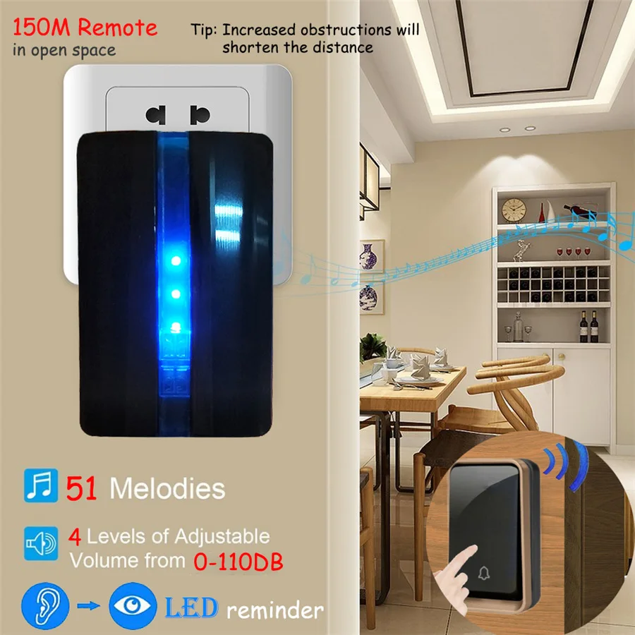 YIFAN 2017 NEW Wireless doorbell NO BATTERY 51 Music 150M Remote Door bell chime EU Plug LED light AC 110-220V 1 2 Button 1 2 receiver 5