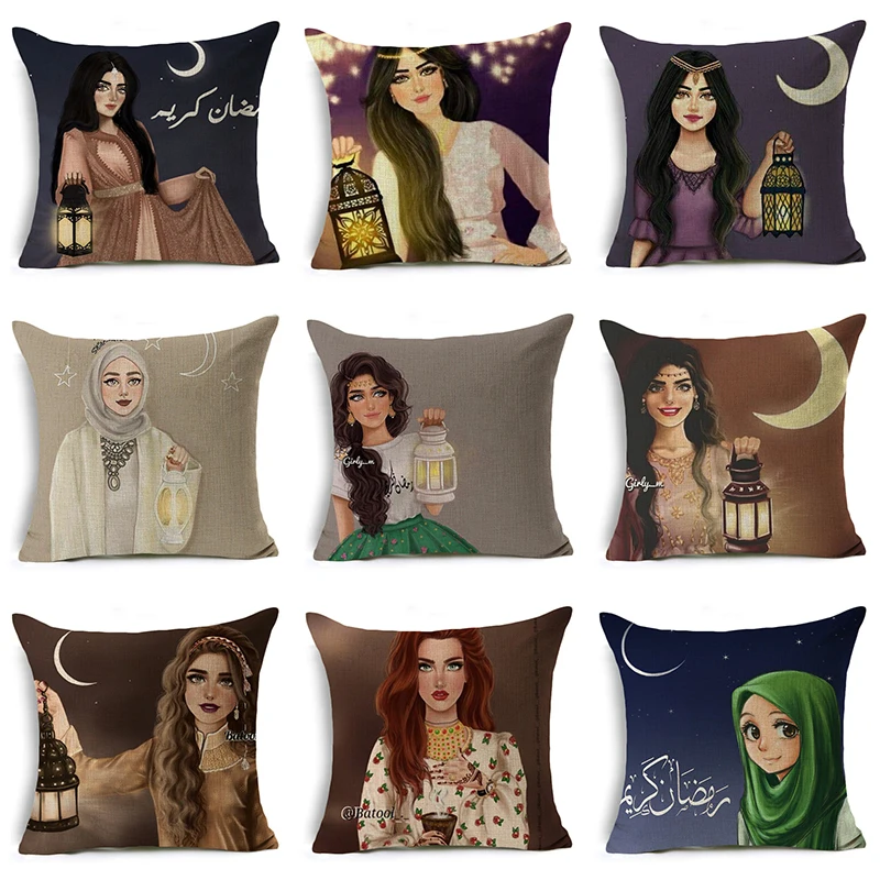 

Gifts For Women Printed Beauty Girls Cushion Cover 45x45cm Linen Ramadan Lantern Throw Pillow Covers Cushions Home Decor Pillows