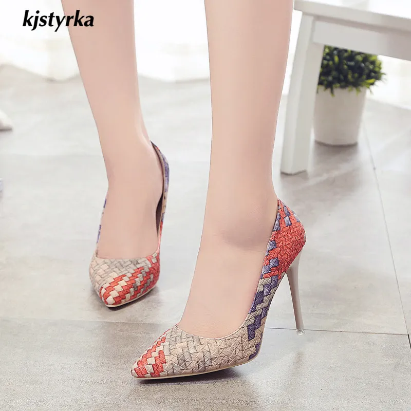 

kjstyrka new 2018 fashion weaving mixed colors comfortable women pumps pointed toe 9cm high heel ladies party sapato feminino