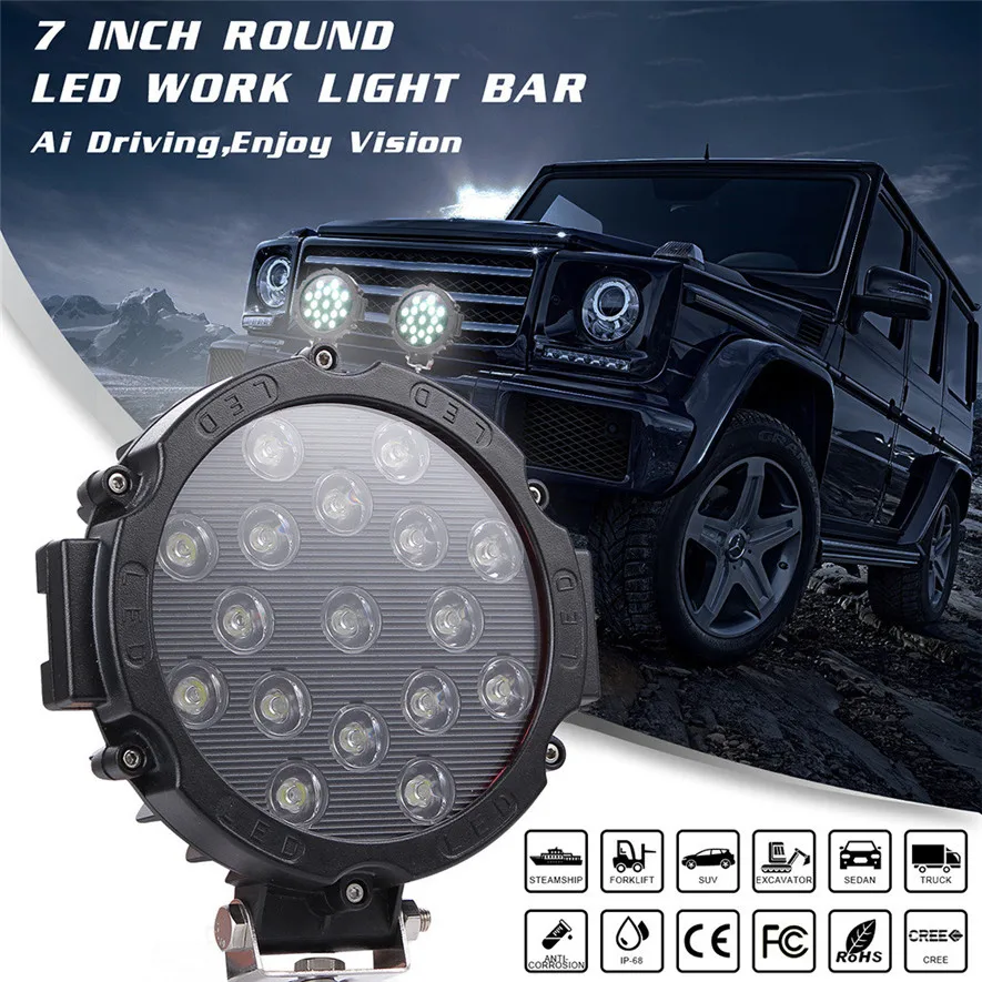 2X Round 7Inch 51W Slim LED Work Lights Bumper Driving ATV Boat Headlamp Yellow