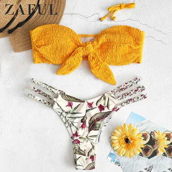 

ZAFUL Knot Shirred Leaf Print Braided Bikini Set Strappy Halter Bandeau Bikini Low Waist Swimwear Women Bikinis Mujer