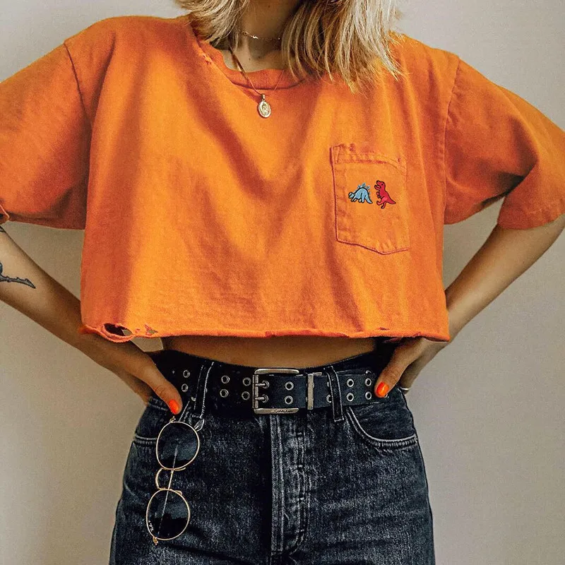 Streetwear Cropped Short Sleeve T shirt Women Harajuku Kawaii Animal Embroidery Orange Crop Top Ladies Summer Oversized Top 2019
Streetwear Cropped Short Sleeve T shirt Women Harajuku Kawaii Animal Embroidery Orange Crop Top Ladies Summer Oversized Top 2019