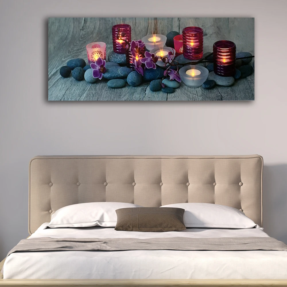 

Led wall picture orchid flower zen spa candles stone still life canvas art light up HD painting artwork print frame home decor