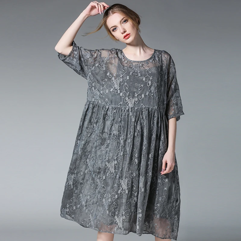 2019 spring summer floral embroidery silk dresses plus size half sleeve elegant women's two pieces casual loose dress
2019 spring summer floral embroidery silk dresses plus size half sleeve elegant women's two pieces casual loose dress