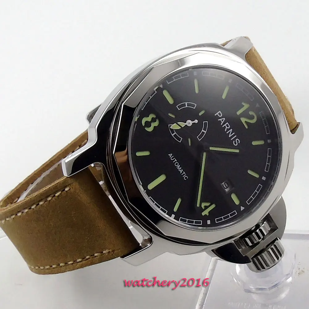 44mm PARNIS Black dial date Steel Case Luminous Marks sapphire Crystal Top brand luxury automatic Mechanical men's Wristwatches
44mm PARNIS Black dial date Steel Case Luminous Marks sapphire Crystal Top brand luxury automatic Mechanical men's Wristwatches