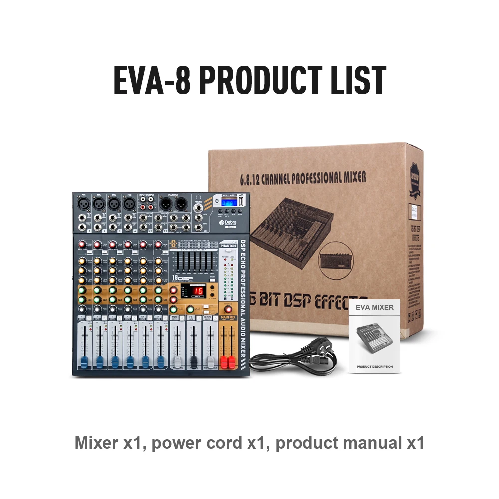 Debra Audio EVA-8 8 Channel Audio MixerDJ & Studio Console Mixer System Built-in Bluetooth Wireless Receiver Debra Audio EVA-8 8 Channel Audio MixerDJ & Studio Console Mixer System Built-in Bluetooth Wireless Receiver