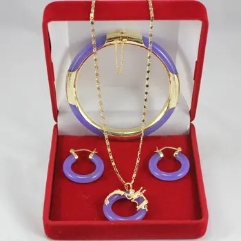 simple style 7.5" purple Jade bracelet, round earings and 18kgp dragon pendant for party and anniversary 
simple style 7.5" purple Jade bracelet, round earings and 18kgp dragon pendant for party and anniversary