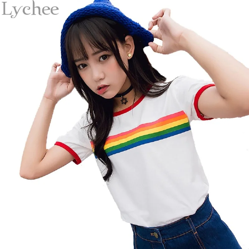 Lychee Harajuku Summer Women Crop Top Rainbow Stripe Graphic Print Short Sleeve T Shirt Tee Top
Lychee Harajuku Summer Women Crop Top Rainbow Stripe Graphic Print Short Sleeve T Shirt Tee Top