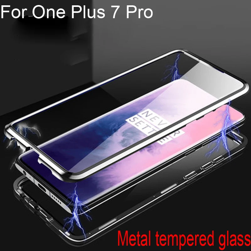 

Luxury Magnetic Adsorption Case For OnePlus 7 Pro Metal Frame Clear Tempered Glass Cover For OnePlus 7Pro Magnetic Flip Cases