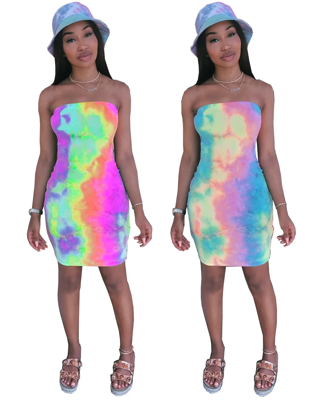 Rainbow Tie Dye Sexy Bodycon Dress Women Fashion Off Shoulder Backless Party Summer Strapless Sleeveless Mini Sundress | Женская одежда