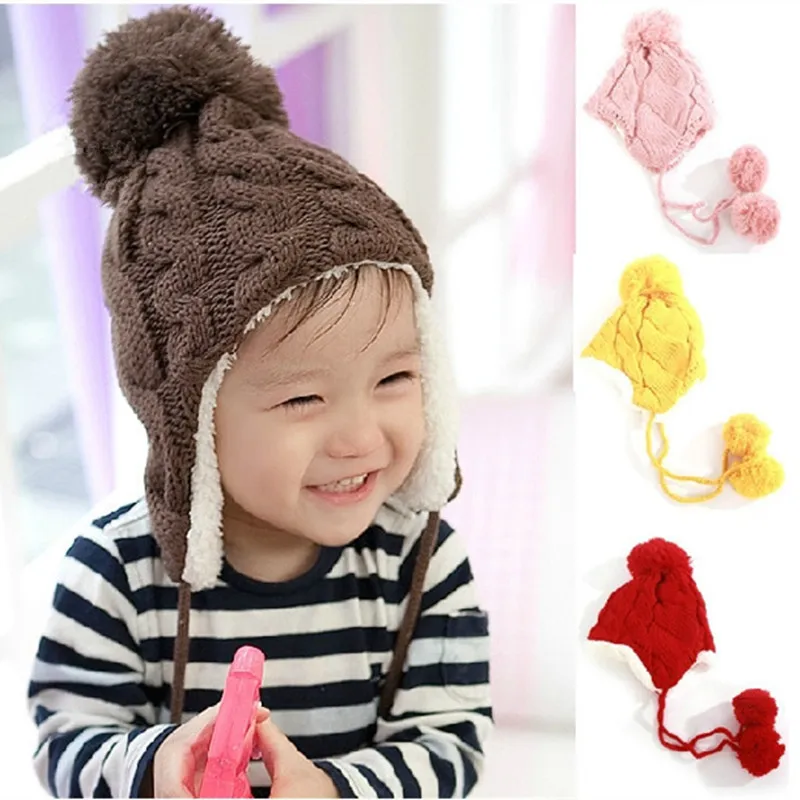 Baby Hat Children Knitted Hats Kids Winter Warm Crochet Cap Girls Boys Beanie Bomber Ear Girl Boy Ball Caps | Детская одежда и