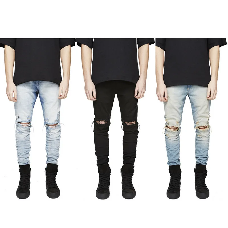 

2017 New Mens Hip Hop Ripped Skinny Black Jeans With Holes On the Knee Distressed Denim Joggers fear of god Skinny Pants m61