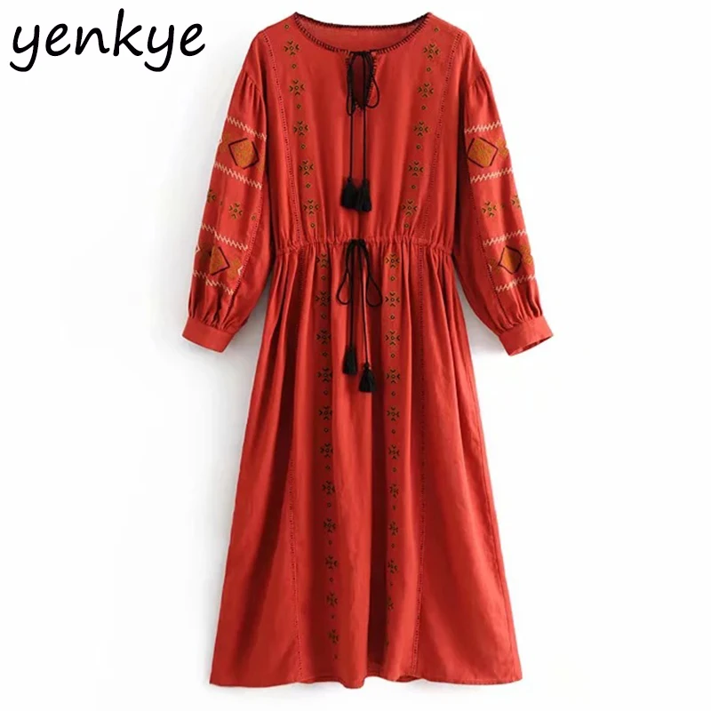 Women Vintage Drawstring Elastic Waist Embroidery Midi Dress Female Tassel detail Lace Up O Neck Long Sleeve Casual Autumn Dress 
Women Vintage Drawstring Elastic Waist Embroidery Midi Dress Female Tassel detail Lace Up O Neck Long Sleeve Casual Autumn Dress