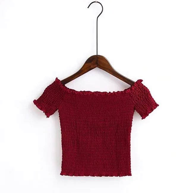 Europe cotton Women short-sleeved T-shirt Slash collar 2018 new summer short Sexy Solid color Exposed navel Folding Women tops
Europe cotton Women short-sleeved T-shirt Slash collar 2018 new summer short Sexy Solid color Exposed navel Folding Women tops
