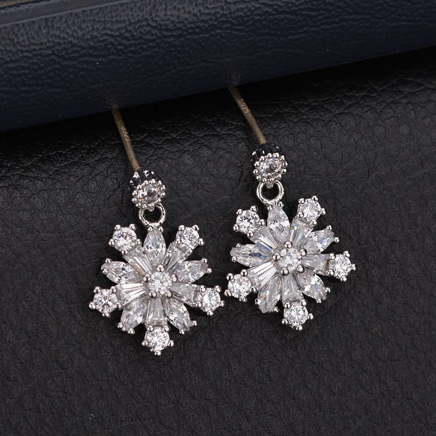 silver bohemian earrings with shiny cubic zircon high quality nickel free plating snow flak design earings jewelry gift | Украшения и