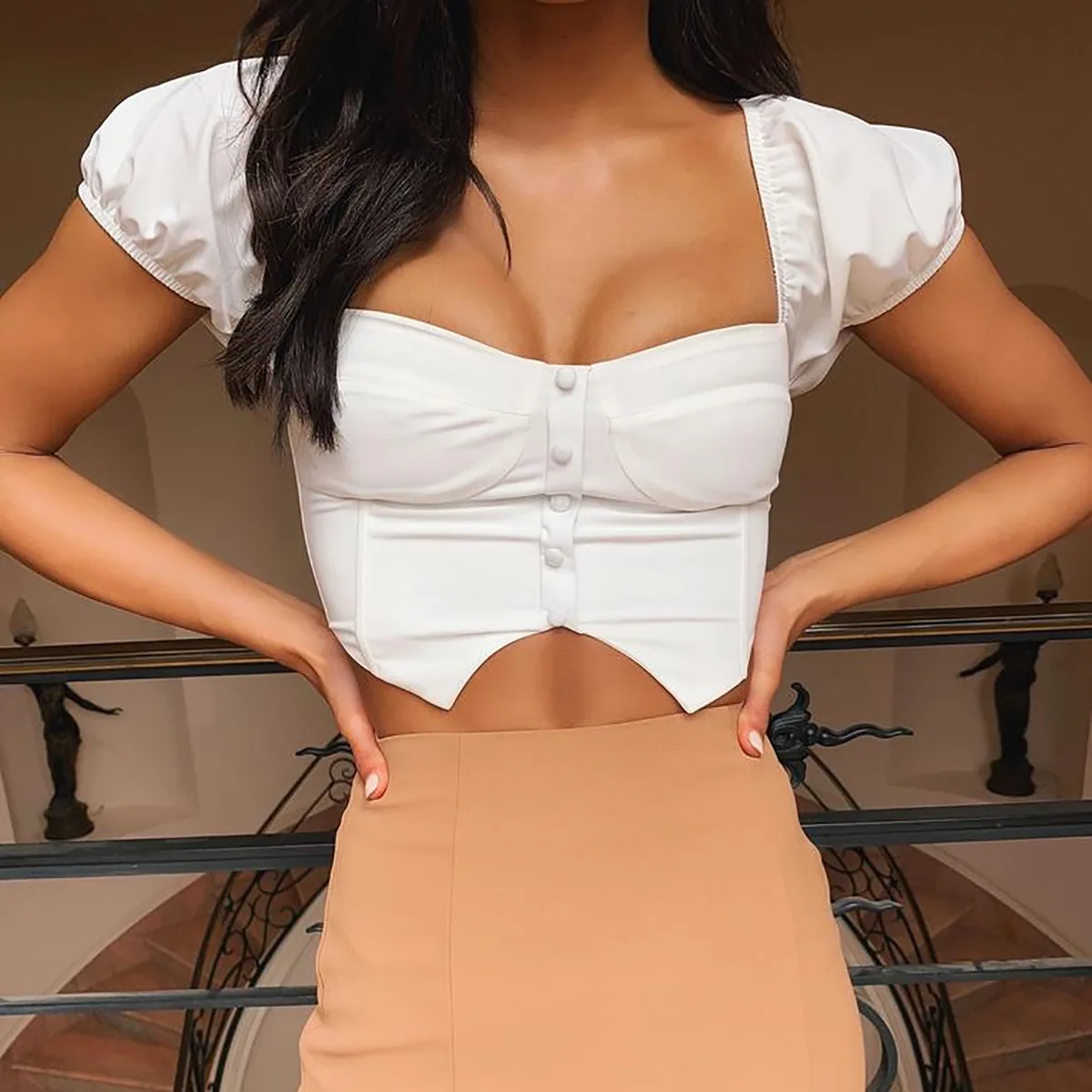 Liva Girl с открытыми плечами сексуальный топ Для женщин короткий рукав кнопки