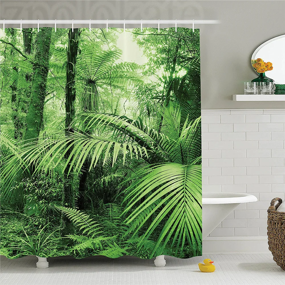 

Rainforest Decorations Shower Curtain Set Palm Trees And Exotic Plants In Tropical Jungle Wild Nature Zen Theme Illustration Bat