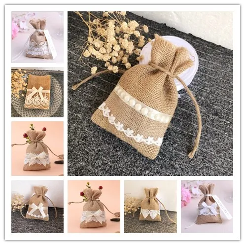 

100pcs/lot Mixed Style Lace Favor Bags ,Burlap Candy Bag, Rustic gift packing bag for Wedding/Christmas Candy gift Burlap bags