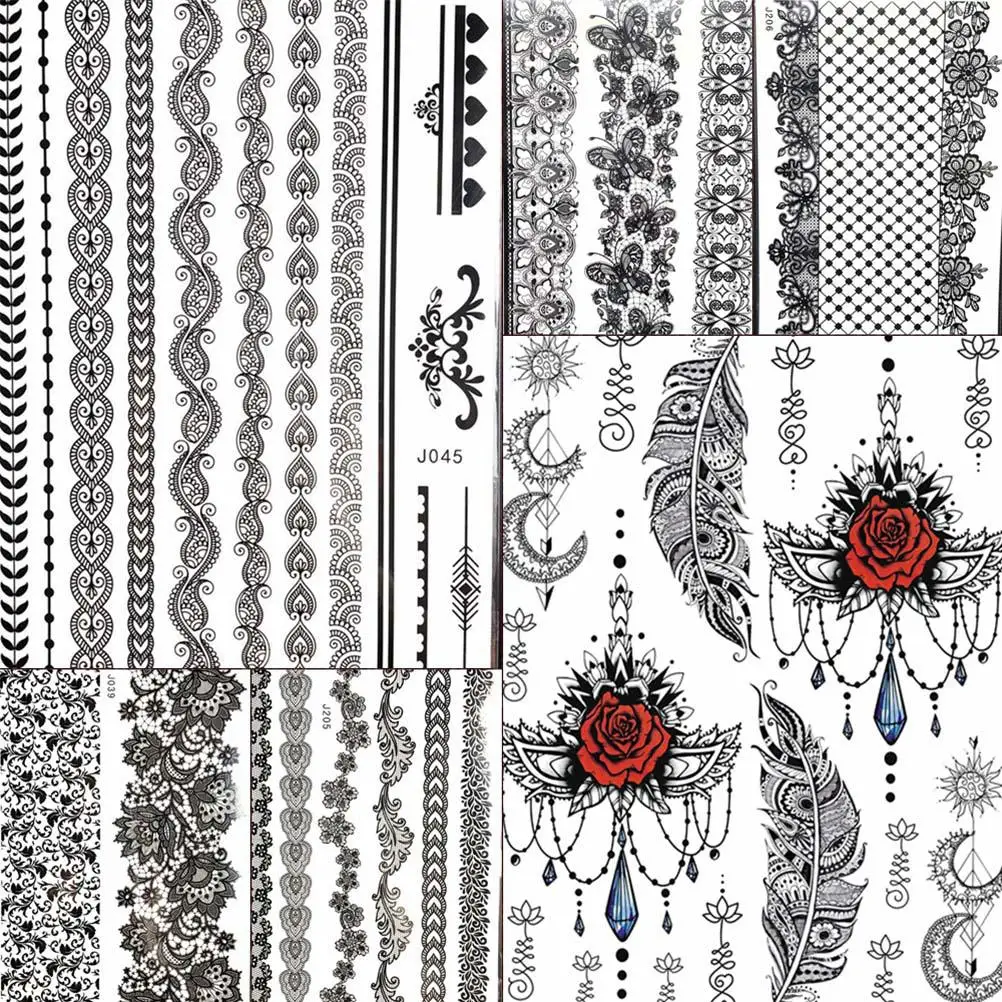 Henna Arm Black Chains Feather Fake Jewelry Sexy Temporary Tattoos Women Stickers Feather Rose Tatoo Custom Body DIY Boho Tattoo
Henna Arm Black Chains Feather Fake Jewelry Sexy Temporary Tattoos Women Stickers Feather Rose Tatoo Custom Body DIY Boho Tattoo