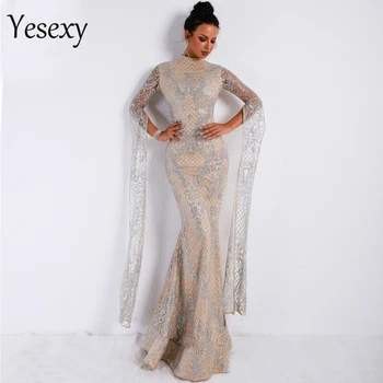 

Yesexy 2020 Women Sexy High Neck Long Sleeve Split Glitter Dresses Female Maxi Elegant Party Dress Vestdios VR9283