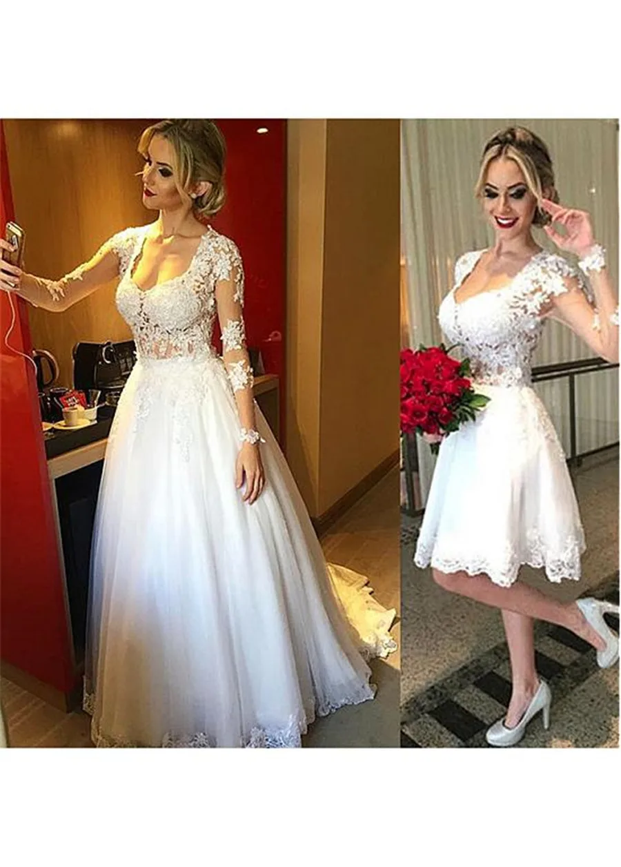 Gorgeous Tulle Scoop Neckline 2 in 1 Wedding Dresses With Lace Appliques Long Sleeves Bridal Dress with Detachable Skirt
Gorgeous Tulle Scoop Neckline 2 in 1 Wedding Dresses With Lace Appliques Long Sleeves Bridal Dress with Detachable Skirt