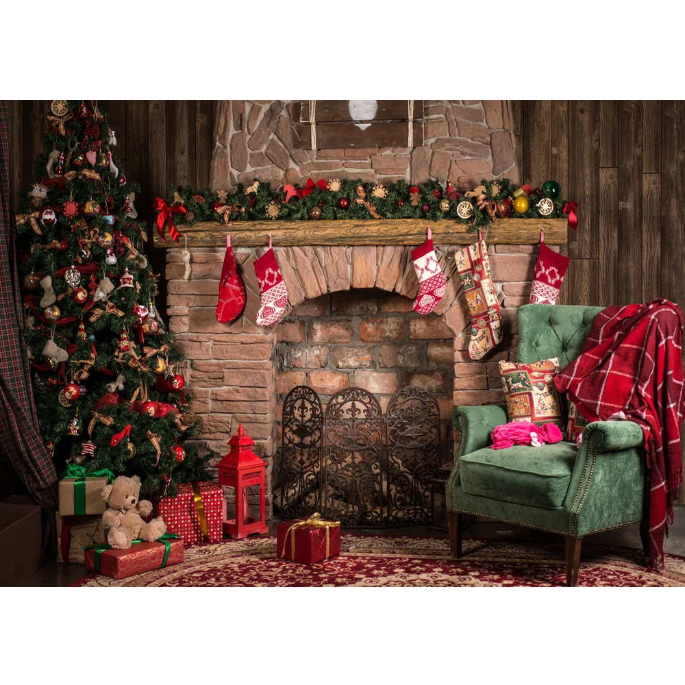 

Indoor Fireplace Christmas Photography Backdrops Vinyl Printed Xmas Tree Toy Bear Gift Boxes Home Party Photo Booth Background