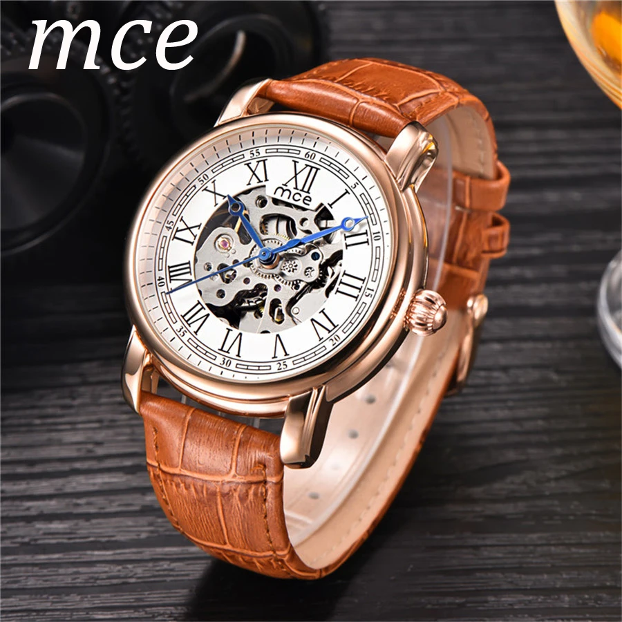 

MCE Luxury Brand Rome Display Skeleton Men Watches Rose Gold Genuine Leather Band Analog Mens Casual Automatic Mechanical Watch