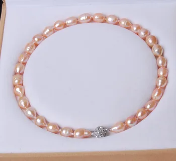 

FREE shipping> >>>>Big 11-13MM Genuine Rice Pink akoya cultured pearl necklace Magnet Clasp 18" AA1